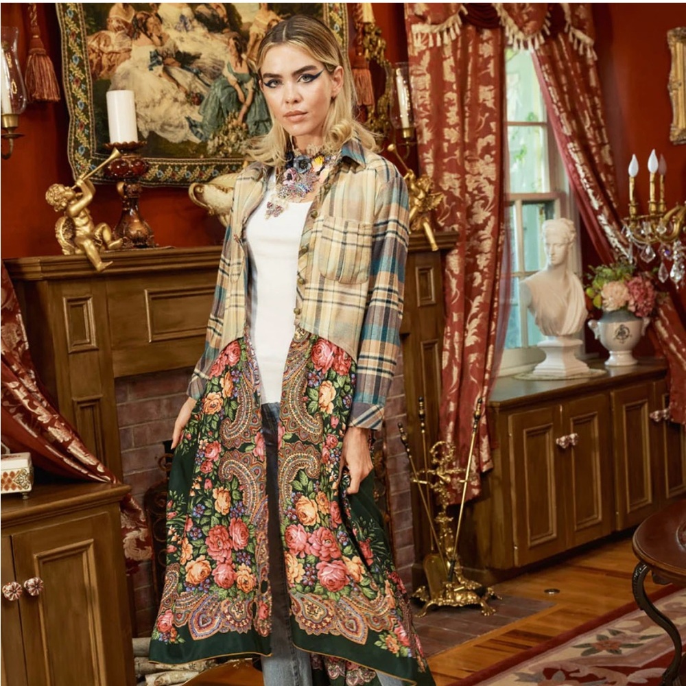 Anthropologie ARATTA Plaid and Floral Maxi Shirt